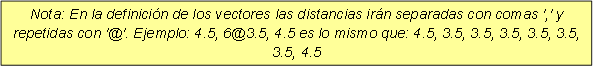 Nota: En la definición de los vectores las distancias irán separadas con comas ',' y repetidas con '@'. Ejemplo: 4.5, 6@3.5, 4.5 es lo mismo que: 4.5, 3.5, 3.5, 3.5, 3.5, 3.5, 3.5, 4.5